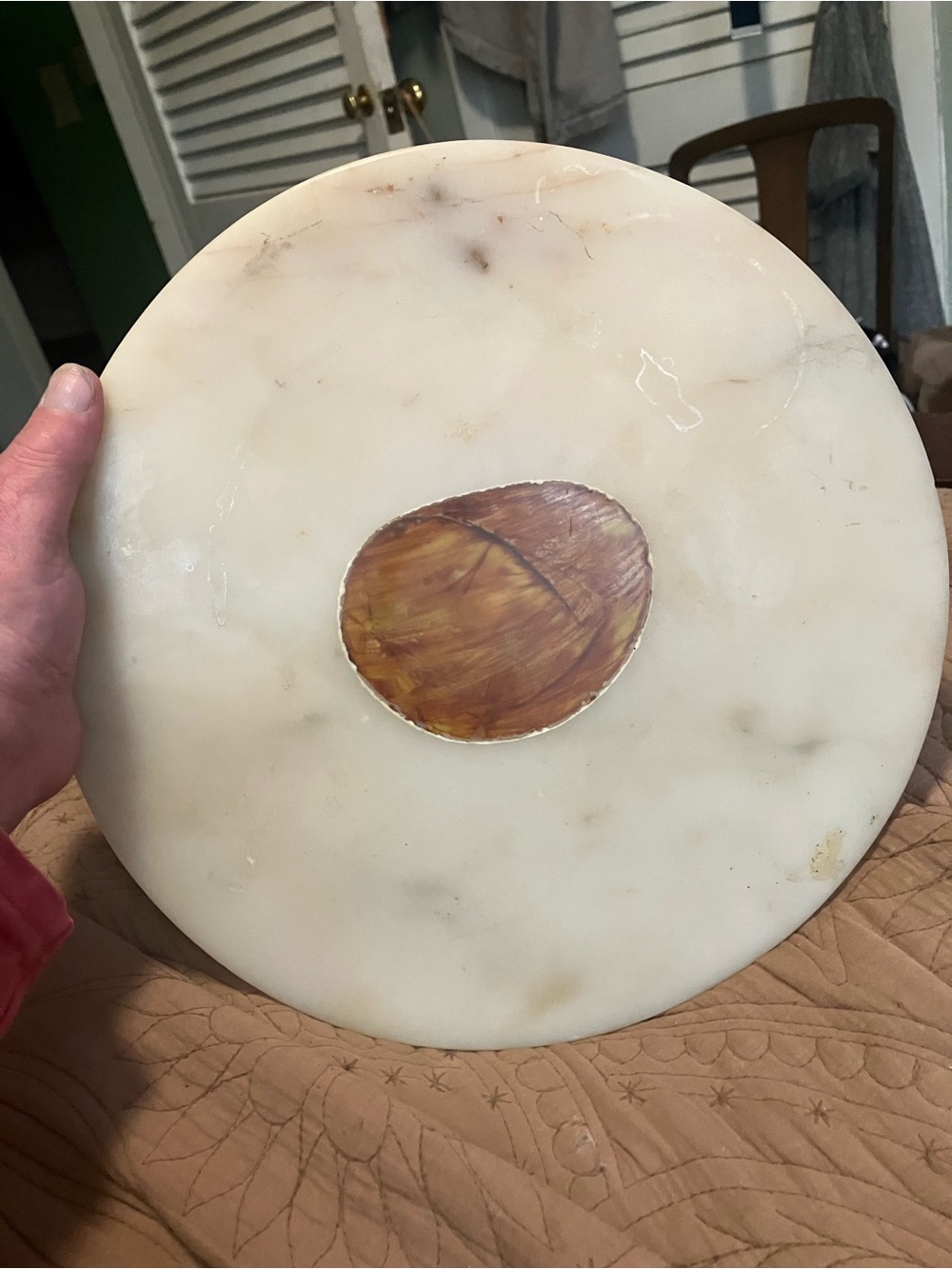 Round White Marble Plate With Wood Inlay